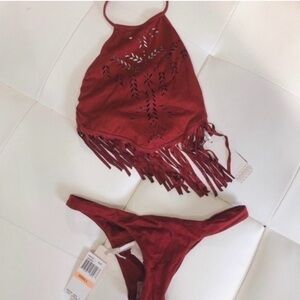 Ale by Alessandra holy cow burgundy/red/deep purple Fringe Bikini Set